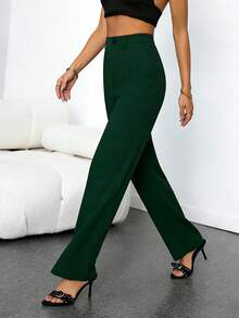 Pantalones rectos casuales con bolsillos y cremallera para mujer de talla pequeña, aptos para uso diario en primavera - Verde Oscuro - Ver 4