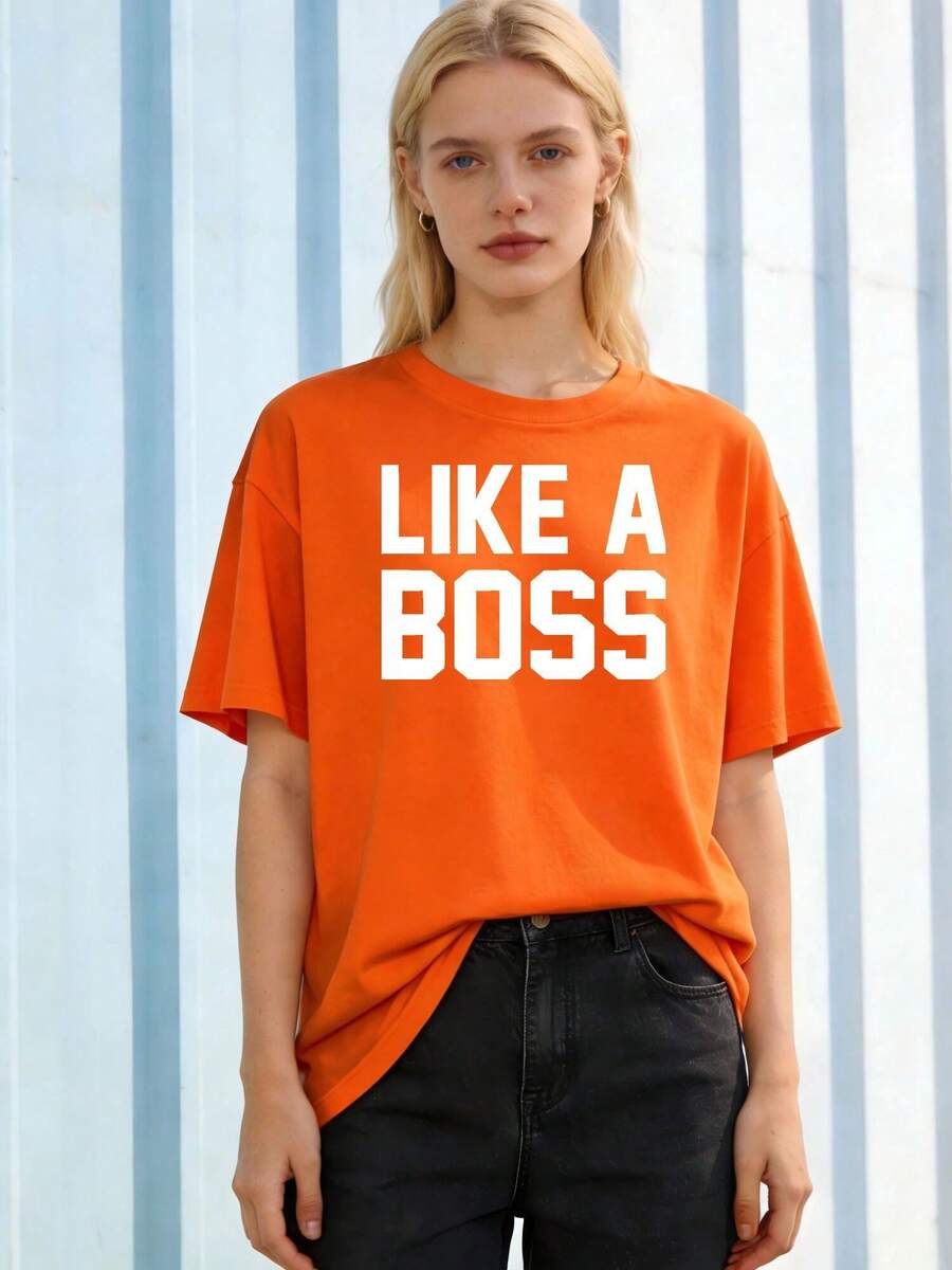 Plus Size Women's Like A Boss Print T - Shirt, Vibrant Geometric Pattern, Soft Round Neck, Playful Design, Machine Washable Suitable For New Year Gifts, Easter Spring Summer Fashion, - Màu Cam san hô - Xem 1