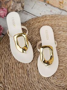 女士拖鞋，金色金属装饰拖鞋，PU皮拖鞋，平底拖鞋，圆头拖鞋，人字拖，黑色拖鞋，金属装饰拖鞋，夏季拖鞋，休闲拖鞋，日常穿着拖鞋，沙滩拖鞋，度假拖鞋，时尚拖鞋，拖鞋，夏季必备，舒适鞋履，宽楦拖鞋，金色金属装饰，平底拖鞋，黑色鞋，夏季时尚，休闲鞋，沙滩装扮，度假装扮 - 米色 - 查看 5