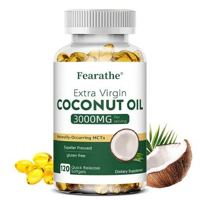 Aceite de coco cápsula 3000 mg, rico en triglicéridos de cadena media (MCT), equilibra la salud de la piel y neutraliza los radicales libres