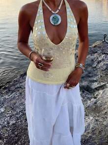 Just Masa Summer Ladies Sexy Sequined Design Holiday Halter Halter Vest For Beach Vacation - Apricot - View 3