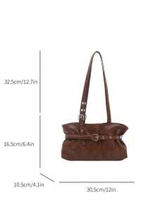 1个复古大容量手提包，通勤超大腋下包，时尚摩托车包，PU纯色油蜡皮革，带肩带装饰，拉链封口，女士单肩包，适用于工作、上学、旅行、购物、商务等场合，适合日常使用。 - 棕色 - 查看 6