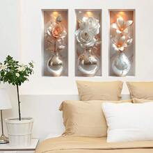 Adhesivo de pared de jarrón con flor de rosa dorada de arte moderno, calcomanía de pared autoadhesiva y resistente al agua de PVC, adecuada para decoración de paredes de sala de estar, oficina y vestíbulo de entrada - Adhesivo de pared de jarrón - Ver 3