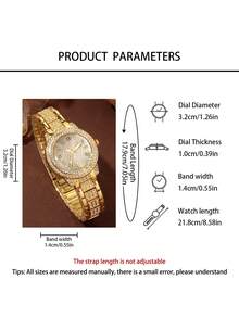 两件套奢华女士石英表套装，包括一枚罗马数字镶钻石英表和一条全钻手链，采用闪亮金色和全铺镶钻石设计。 - 金色 - 查看 3