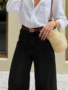 Quần jeans cạp cao phong cách American Baddie, quần jeans ống đứng dáng rộng kiểu retro dành cho nữ, màu đen casual phù hợp mọi mùa. - màu đen - Xem 3