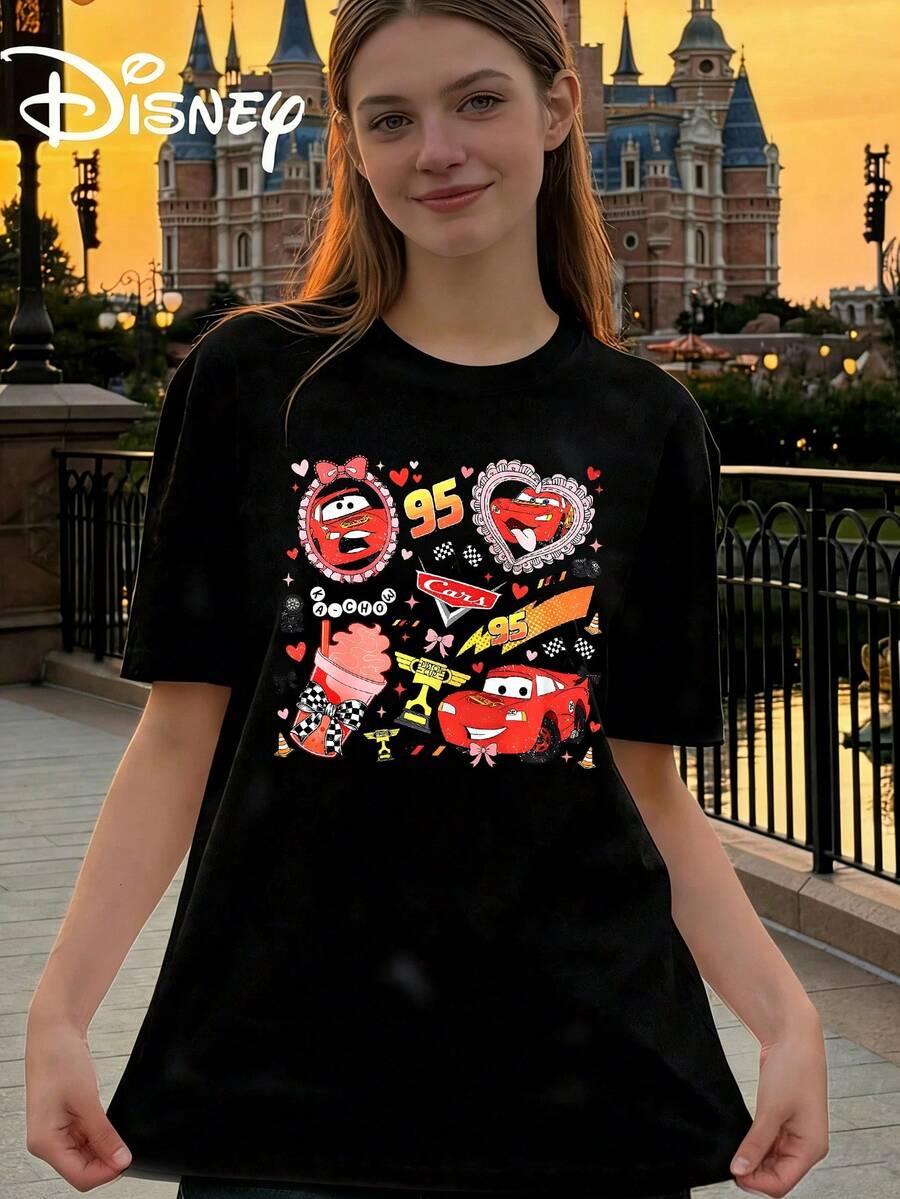Women Disney Cars Lightning McQueen Graphic Print Short Sleeve T-Shirt Casual Cotton Round Neck Tee Top - 黑色 - 查看 1