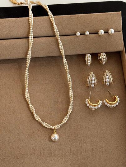 Set de 5 collares de perlas, collar de doble capa envuelto con colgante de perla grande, accesorios de collar elegantes y de lujo únicos, adecuados para niñas y mujeres, incluye estuche gris (cantidad de perlas aleatoria)