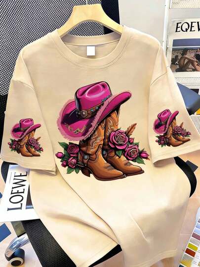 Stylish Boots Summer Western Style Graphic Tees Women Tops