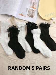 5 Pairs Random Women's Bow, Ruffle, Floral Lace Trim Thin White & Black Mid-Calf Socks, Soft Comfortable Minimalist Lace Socks, Suitable For Daily & Outdoor Wear Women Hosiery Christmas Gift - Black and White - View 5