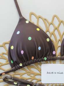 两件套波点性感露背系带比基尼泳装，适合春夏季节、海滩、度假村、舞台和音乐会假期穿着。 - 棕色 - 查看 3