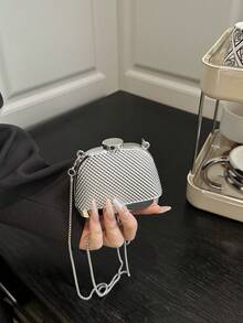 亮金色斜挎包，迷你贝壳包，口红耳机收纳袋，零钱包，链条包，适合派对和宴会场合 - 銀色 - 查看 4