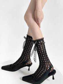1 Pair Summer Women's Lace Hollow Mesh Mid-Calf Socks, Breathable Thin Floral Lace-Up Lolita JK Style Bow Tie Socks - Multicolor - View 1