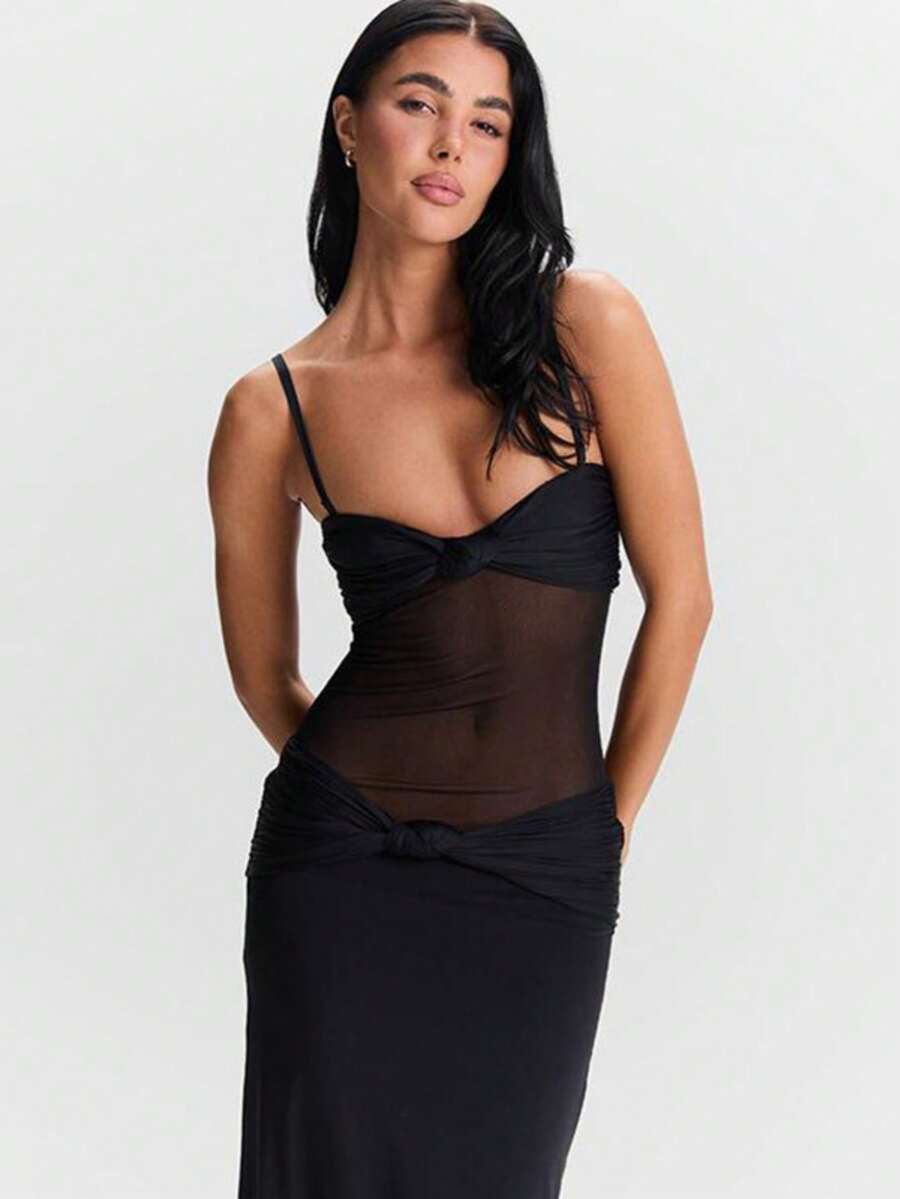 吊带露背紧身网纱拼接连衣裙，适合派对穿着，黑色，优雅夏季 - 黑色 - 查看 1