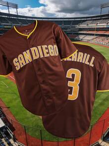 Men's San Diego Merrill 3 Baseball Jersey, Brown Yellow Athletic Short Sleeve Button Up Shirt For Game Day & Daily Wear - Brown - View 2