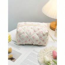 Cute Bow Make Up Bag Cute Bow Knot Pattern Toiletries Bag Travel Make Organizer Zipper Pouch, Quilted Cosmetics Bag, Stylish Foldable Commuter Makeup Bag For Brushes Aesthetic Cosmetic Bag For Gift, Friend, Girls, Student Quilted Floral Flower Zippered Makeup Bag Cute Floral Cosmetic Bag With Zipper Gift Storage Jewelry Organizer Box Bathroom Set Valentines Back To School Supplies - 粉色 - 查看 2
