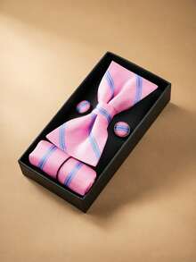 3pcs Striped Bow Tie, Pocket Square, Cufflinks Gift Set, Groom/Host Formal Accessories - Multicolor - View 12
