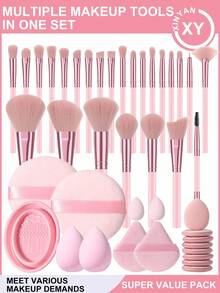 42件套化妆工具套装，包括：25支化妆刷套装+2个化妆海绵+2个迷你化妆海绵+2个三角粉扑+8个迷你气垫粉扑+2个圆形粉扑+1个化妆刷清洁工具 - 粉色 - 查看 13