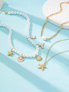 3 Pcs Handmade Boho Ocean Charm Necklaces Set, White Faux Pearl And Gold Necklaces With Starfish, Shell, Mermaid Tail Pendants, Beach Vacation Jewelry For Women - Starfish Pendant Beaded Necklace Set - View 2