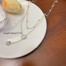 1pc Elegant Camellia Flower Double-Layer Pearl Necklace, Luxury Delicate Tassel Choker Necklace For Women, Summer - Gold - View 3