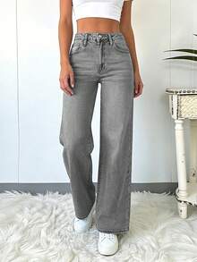 Quần jeans ống rộng nữ thanh lịch và thoải mái, chất liệu denim, màu trơn đã qua xử lý, dài đến mắt cá chân, độ co giãn vừa phải. - Màu Xám nhạt - Xem 6