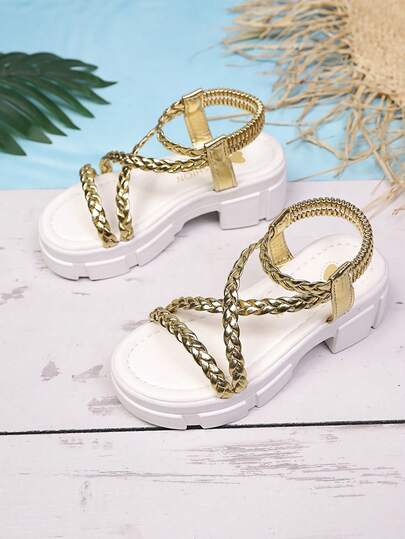 1 Pair Girl's Gold Braided Chain Metal-Feel Faux Leather Anti-Slip Platform Retro Vacation Style Roman Sandals, Suitable For Summer/Beach
