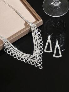 2pcs Silver Jewelry Set, Lace Crystal Necklace + Teardrop Earrings, Fashionable Design, Party Dress Accessory, Easter/Graduation Gift - Silver - View 4