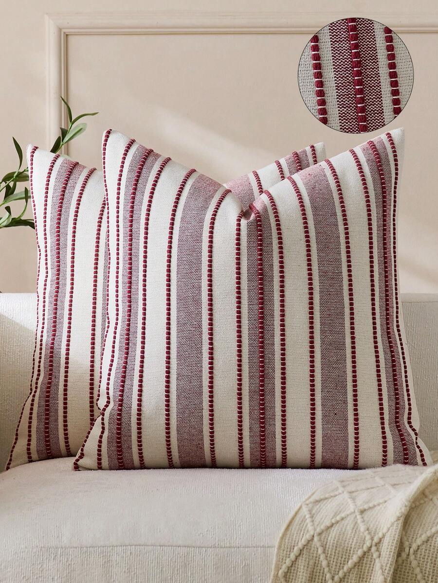1 pieza Funda de cojín decorativo con rayas anchas tejidas, decoración casual para el hogar - Burdeos - Ver 1