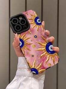 1pc Minimalist Pink Sun & Blue Evil Eye Pattern Vertical Faux Leather Soft Protective Phone Case, Suitable As Gift For Friends And Lovers, Compatible With IPhone And Models 17/17AIR/17PRO/17PROMAX - Multicolor - View 3