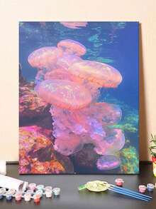粉色水母海洋场景DIY数字油画帆布画工艺品成人家居装饰40x50厘米/16x20英寸节日礼物 - 40*50厘米 - 查看 7