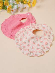 3/4pcs Baby Rose & Tulip Print Bibs With Ruffle Trim, Solid Color Soft Drool Bibs - Multicolor - View 6