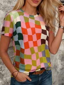 2026 Holiday Outfit Women's Random Color Plaid Digital Print T-Shirt, Loose Fit Plaid Hem Digital Print Casual Plaid Print Pattern Design Casual, Daily, Holiday Travel Wear, Round Neck Short Sleeve T-Shirt, Summer Top - Flower - View 7