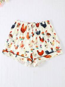 2 件套女士夏季休闲短袖睡衣，翻领纽扣短袖上衣和宽松弹力短裤，卡通动物小鸡图案，舒适宽松，适合所有季节，家居服 - 彩色 - 查看 10