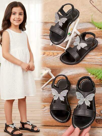 1 Pair Black Toddler/Little Girls' Beach Sandals, Solid Color Non-Slip Rubber Soft Sole, Shiny Bow Decor, Soft PU, Strap Peep Toe Bohemian Style Round Toe Flat Sandals, Suitable For 3-15 Years Old Girls, Daily, School, Walking, Travel, Party, Spring/Summer 2026 New