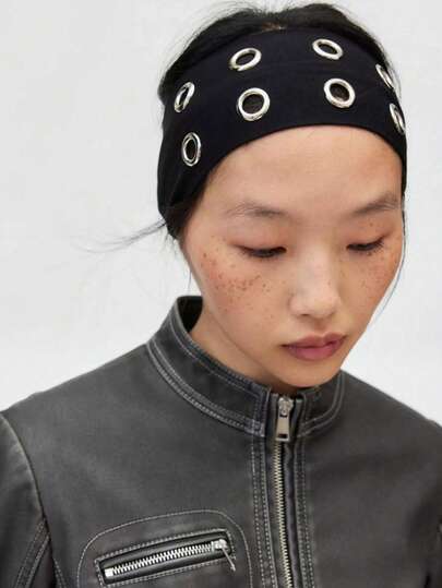 1pc Women's Hollow Grommet Elastic Headband, Y2K Style Wide Headband With Grommets, Suitable For Yoga, Running, Party, Travel And Casual Outfits, Women Elastic Punk Grunge Headband, Y2K Punk Hip Hop Elastic Headband With Hollow Design And Gothic Edge Decor