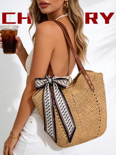 热带风情钩编大容量单肩包，休闲沙滩包，适合度假、送礼，大容量镂空手提包，适合度假、旅行、购物和散步。