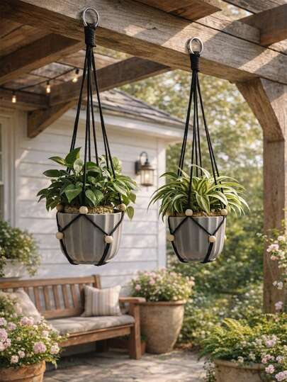 1pc Black Macrame Plant Hanging Basket, Bohemian Style Woven Hanging Planter Pot Holder, Minimalist Nordic Decor For Indoor Outdoor, Living Room Bedroom Window Balcony Garden Apartment Dorm, Decorative Hanging Planter For Plant Lovers