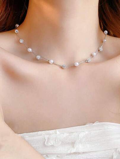 1 pieza Collar de plata de ley S925 de lujo, elegante y de alta gama con bola de diamante de doble capa y perla, regalo para mujeres, adecuado para banquetes, fiestas y bodas