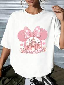 Soft, Breathable Unisex Short-Sleeve Cotton T-Shirt, Disney Minnie Ear Disneyland Castle Pink Graphic Print, Cute Casual Style, Everyday Outfit, Pullover TeeMade From Soft, Comfortable, And Durable Pure Cotton, This Is An Ideal Choice For Spring And Summer. This Crew Neck T-Shirt Is Suitable For Various Occasions, Including Everyday Wear, Shopping, Parties, Travel, And Gatherings, And Also Makes A Thoughtful Gift. - White - View 1