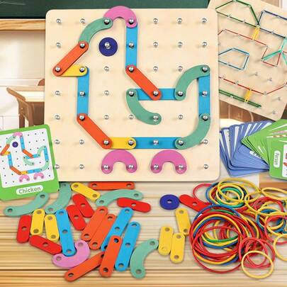1pc Wooden 2-In-1 Pegboard Puzzle, With Pegboard, 29 Double-Sided Cards, Elastic Bands And Inserts, Develops Children's Thinking, Spatial Orientation, Creativity And Imagination, Perfect Cute Birthday Gift