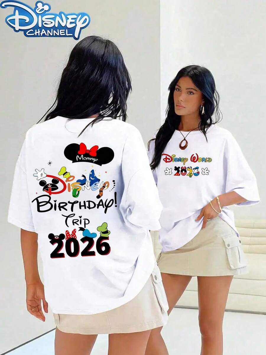 Disney Cartoon Mickey Mouse 2026 Graphic Print Women'S T-Shirt | Breathable Lightweight Crew Neck Casual T-Shirt, Regular Style Summer Streetwear With Disney Character Print, Disney Short Sleeves, Summer Women'S Wear - White - View 1