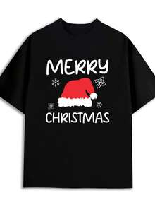 Men's 100% Cotton Christmas T-Shirt 180GSM Heavyweight Short Sleeve Tee With Holiday Print (Reindeer, Snowflakes) - Casual Round Neck All-Season Top For Fitness, Outdoor & Xmas Party Wear - Ideal Gift Suitable For Men - 黑色 - 查看 1