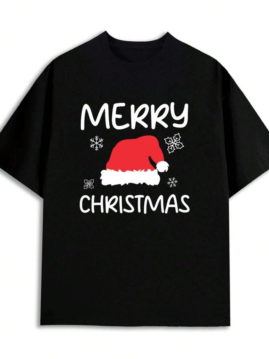 Men's 100% Cotton Christmas T-Shirt 180GSM Heavyweight Short Sleeve Tee With Holiday Print (Reindeer, Snowflakes) - Casual Round Neck All-Season Top For Fitness, Outdoor & Xmas Party Wear - Ideal Gift Suitable For Men - 黑色 - 查看 1