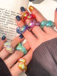 7pcs Electroplated AB Iridescent Adjustable Open Rings, Stacking Rings, Korean Fashion - Multicolor - View 1