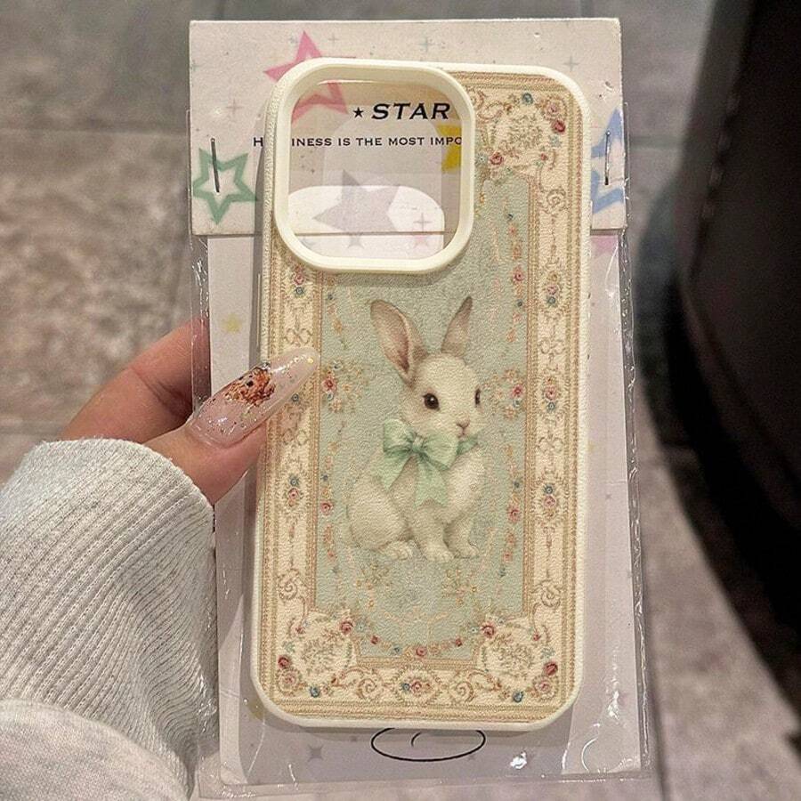 兔子图案 TPU 复古宫廷风花卉绿色蝴蝶结可爱兔子手机壳,适用于 17 Pro Max/17/16 Pro Max/15/13/12/11、S20 FE/A15/S24/A55、Note 11/12/13 Pro,全包软壳防震保护套,国际版,非国内版 - 白色 - 查看 1