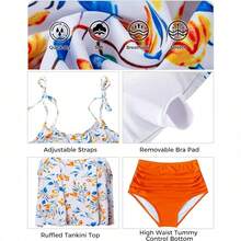 Ladies' Tankini Two-Piece Swimsuit High-Waisted Bikini Set With Tummy Control Bottoms And Ruffle Strap Tank Top - 橘色 - 查看 7