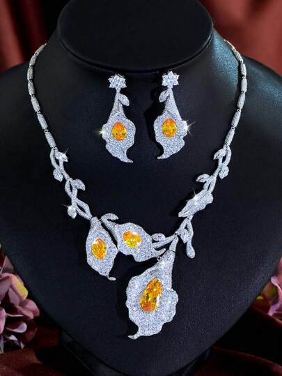 1 Set Exquisite Elegant Silver Plated Yellow Pear Cut Cubic Zirconia Long Drop Flower Earrings And Necklace CZ Wedding Banquet Jewelry Set For Women Brides Engagement Party To Female Girlfriends Wife Gift