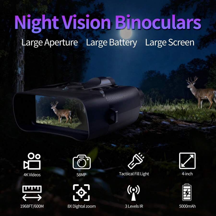 80MP Dual-Mode Binocular 4K Night Vision Device, With 5000mAh Battery, 32GB SD Card, Powerful Battery Life, 4-Inch Ultra-HD Display, Designed For Wildlife Observation - Black - View 1