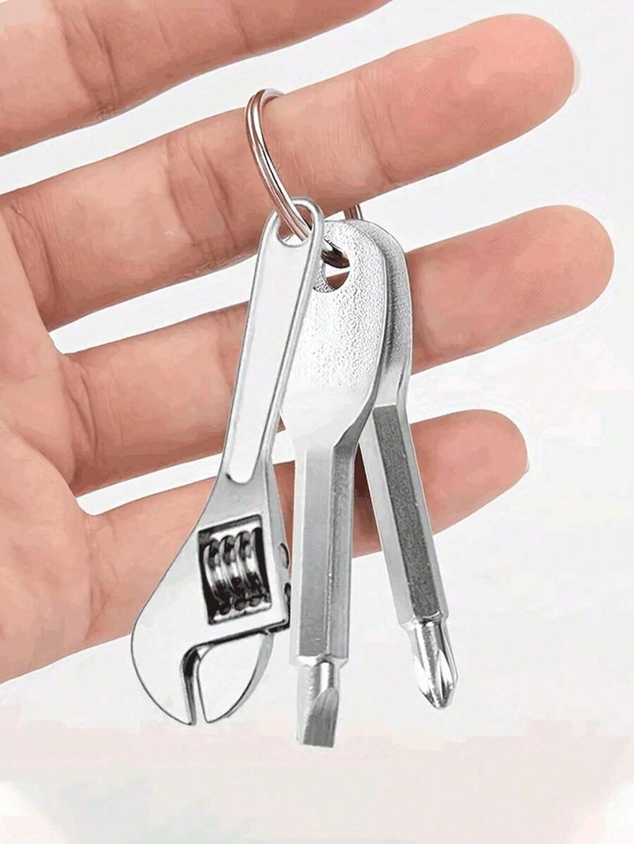 3pcs Mini Screwdriver Set With Keychain, Adjustable Metal Pocket Tool Kit, Suitable For Camping Accessories, Multifunctional Mini Wrench Keyring - Universal Tools For Car, Bicycle, Motorcycle Repair - Creative Gifts For Men - Silver 3-piece Set - View 1