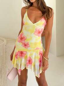 Summer Cute Party Strappy Mini Dress Women Sleeveless Asymmetric Sheer Hem Floral Pattern Elegant Vacation Dress - Yellow - View 11