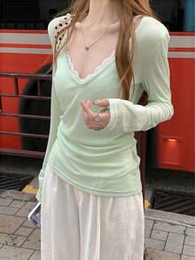 Women's V-Neck Long Sleeve T-Shirt, Versatile Sun Protection Layering Top, Spring/Summer - Green - View 2